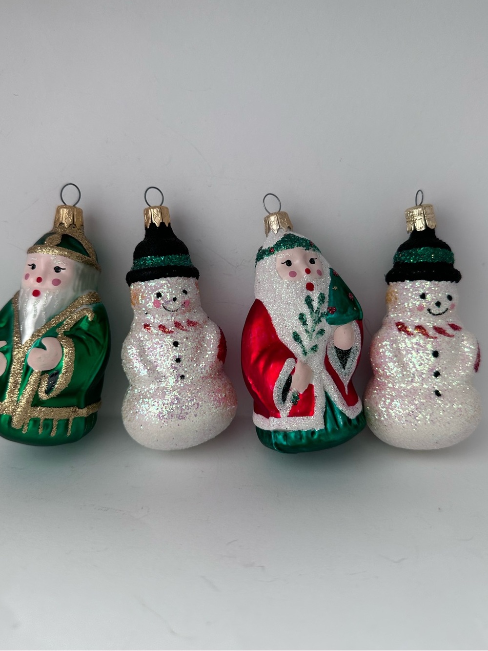 Lot of 4 Vintage Santa Snowman Mercury Glass Christmas Ornaments Glitter G